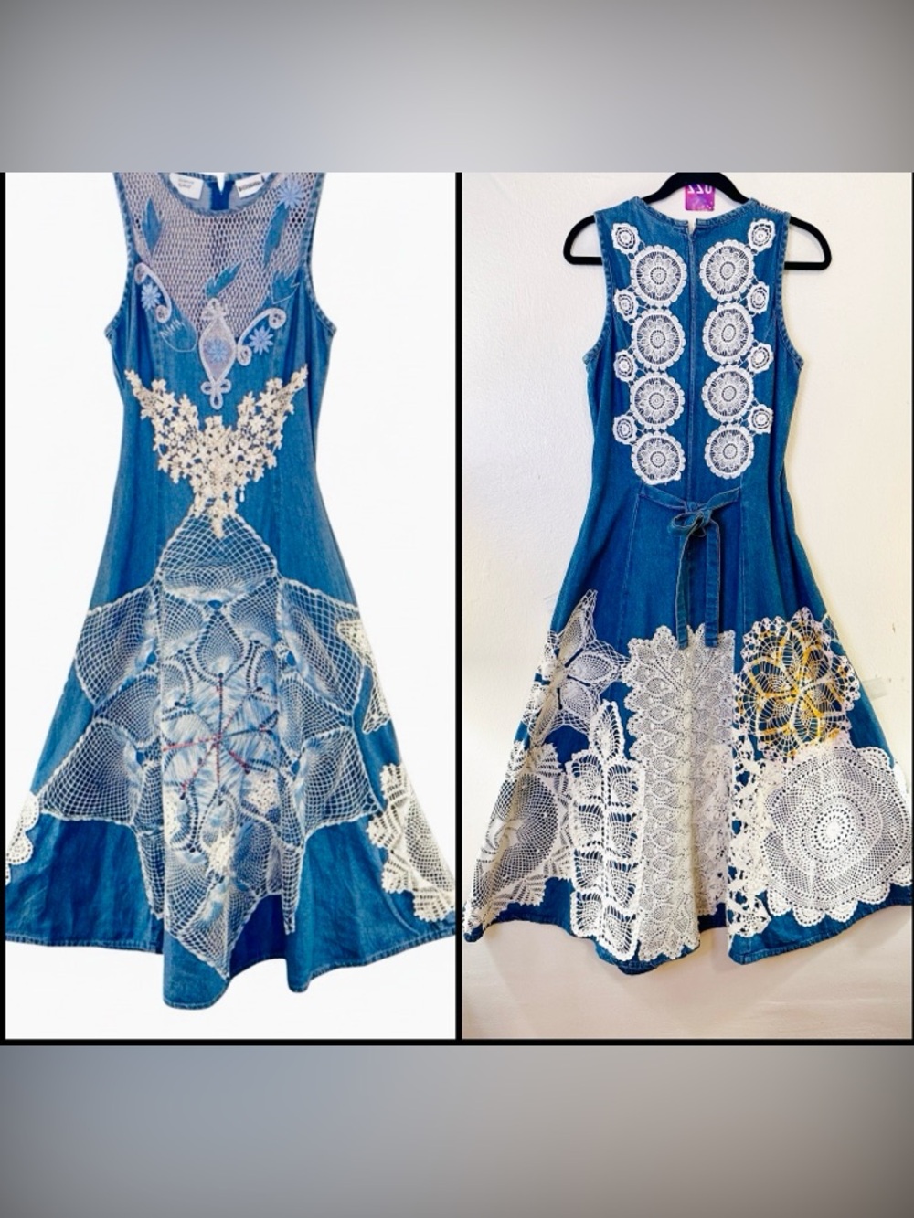 OOAK! Vtg 70s Upcycled Boho Denim Maxi Dress Lace Pearls & Crochet Appliqué Sz S